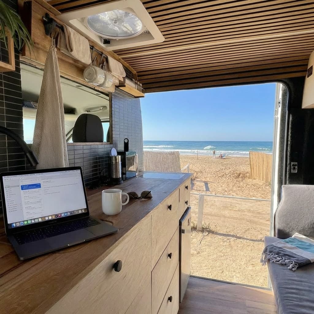 Arbeiten im SVAN 01 Campervan mit Blick aufs Meer, Laptop und Kaffee auf der Küchenzeile